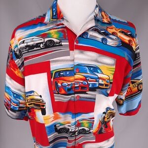 Racing Car Print Camp Shirt Men's L Button Up Polyester Nascar